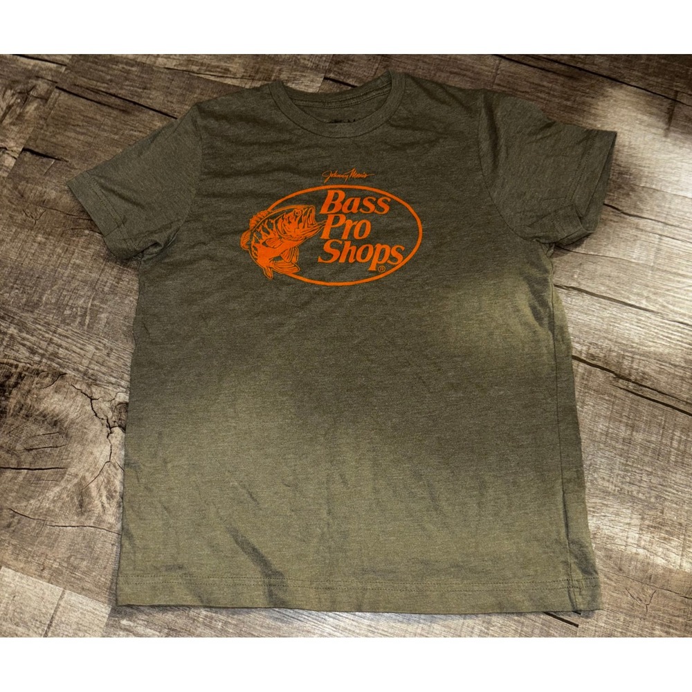 Bass Pro Shops Kids M Olive Green Heather Graphic T-Shirt Johnny Morris Logo Tee